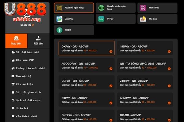 Bạn có thể nạp tiền U888 qua phương thức quét mã ngân hàng